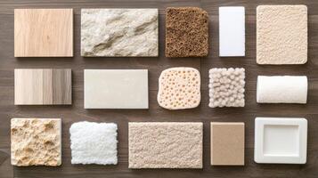 Various types of wood and stone materials on a wooden table photo