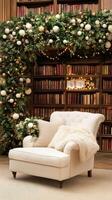 A white chair in front of a bookcase with christmas decorations photo