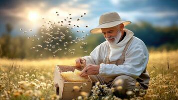 An old man in a hat and hat is sitting in a field with bees flying around him photo