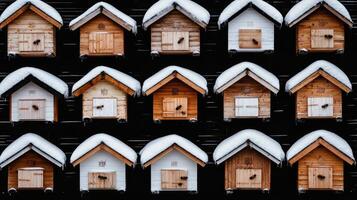 A row of wooden birdhouses with snow on them photo