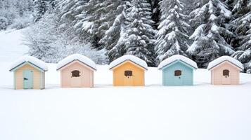 Colorful beach huts in the snow photo