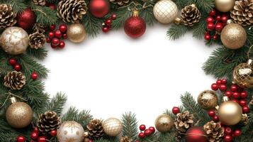 Christmas wreath with red berries and balls on a white background photo
