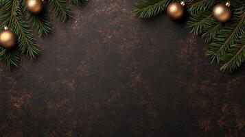 Christmas background with fir branches and golden balls on a dark background photo