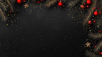 Christmas background with fir branches and red balls on black background photo