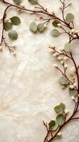 A wreath of eucalyptus leaves and flowers on a marble surface photo