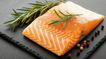 Salmon fillet with rosemary and spices on slate photo