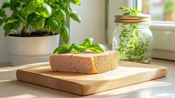 A piece of cheese on a wooden cutting board photo