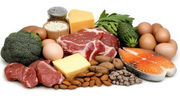 A variety of foods including meat, eggs, nuts, and vegetables photo