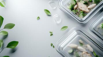 Three containers with food on a white surface photo
