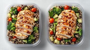 Two containers of chicken, rice and vegetables photo