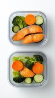 Two plastic containers with salmon, broccoli and carrots photo