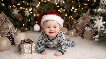 A baby in a christmas outfit laying on the snow photo