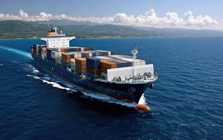 A large container ship traveling through the ocean photo