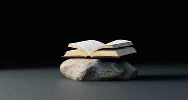 An open book sitting on top of a rock photo