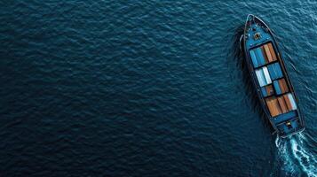An aerial view of a cargo ship traveling across the ocean photo