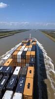 A large container ship traveling down a river photo