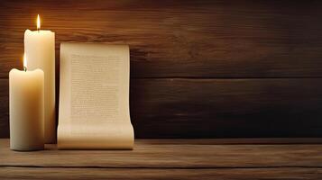 Two candles and a book on a wooden table photo