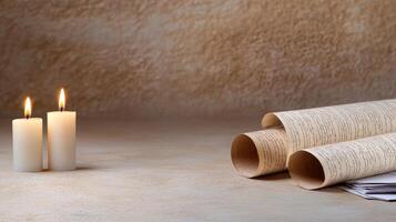 Candles and paper roll on a table photo
