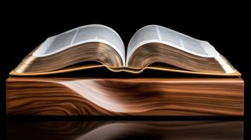 An open bible on a wooden stand photo