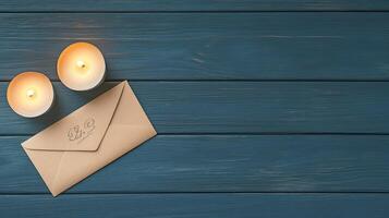 An envelope with a candle and a love letter on a wooden table photo