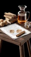 A table with a glass of wine, a jar of nuts and a piece of paper photo