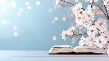 An open book and cherry blossom on a wooden table with bokeh background photo
