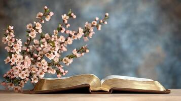 An open bible and a pink blossom on a wooden table photo