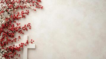 Christian easter background with cross and red berries photo
