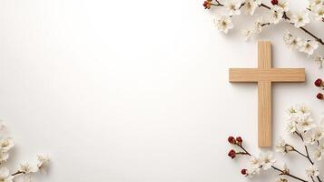 Easter background with wooden cross and cherry blossom photo