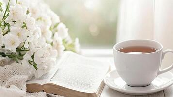 A cup of tea and a book on a table photo