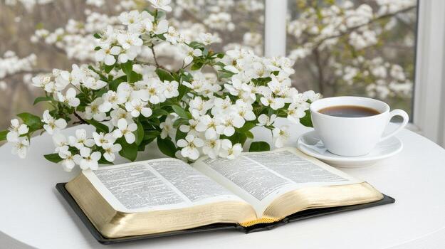 An open bible and a cup of coffee on a table near a window photo