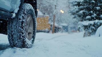 A car is shown in the snow with its tire photo