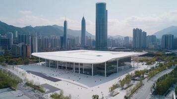 A large white building with a large roof photo