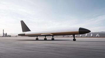 A large airplane sitting on the ground with a runway in the background photo