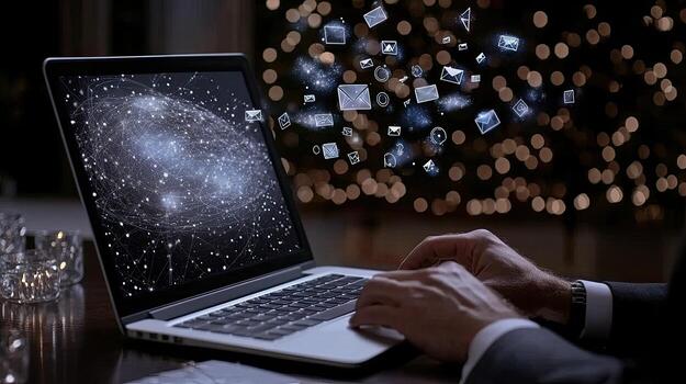 A man is typing on a laptop with a starry background photo