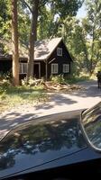 A black house with a tree in front of it photo