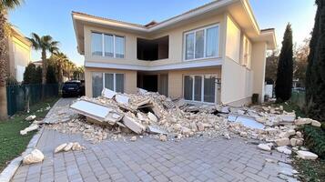 A house that has been damaged by a large pile of rubble photo