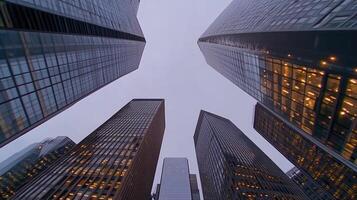 Tall buildings are seen from below in a city photo