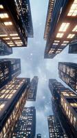 A view of tall buildings in the city at night photo