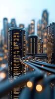 A city with tall buildings and traffic lights photo