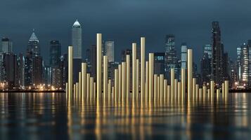 A city skyline with many tall poles in the water photo