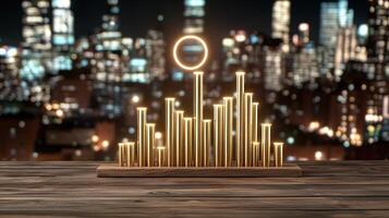 Golden candles on a wooden table with a cityscape in the background photo