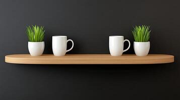 Two white mugs on a wooden shelf with grass photo