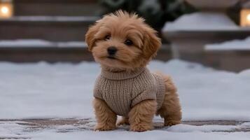 A small dog wearing a sweater standing in the snow photo