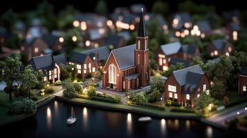 A miniature town with a church on top photo