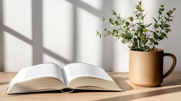 Open book and coffee mug on wooden table with sunlight photo