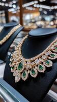 Gold and emerald jewelry on display in a store photo