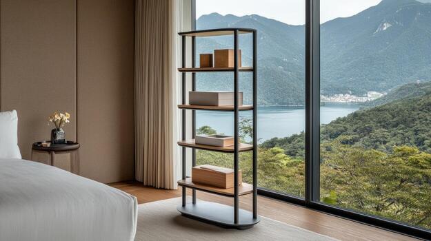 A bedroom with a view of the mountains and lake photo