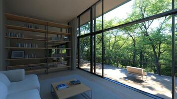 A living room with a large window overlooking a forest photo