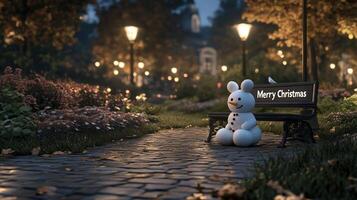 A white rabbit sitting on a bench with a sign that says merry christmas photo